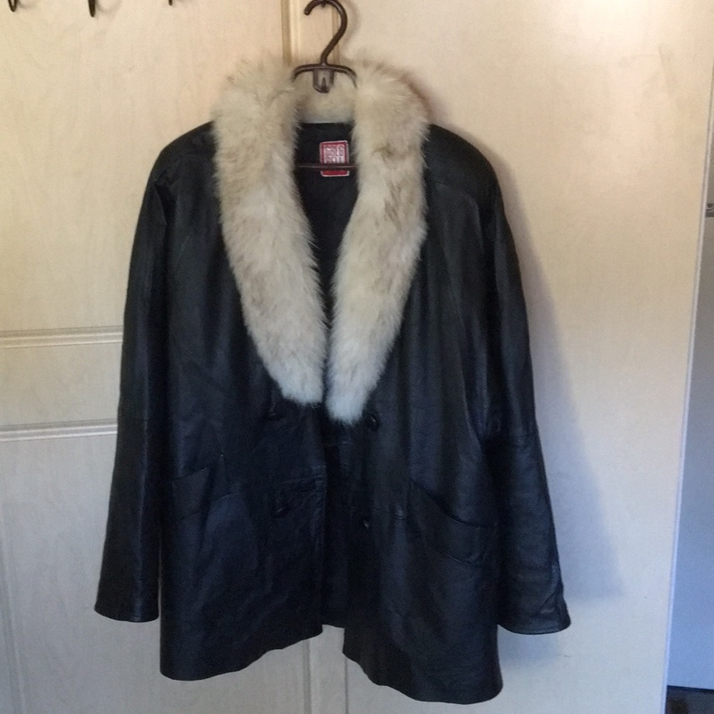 Leather jacket with fur neckline